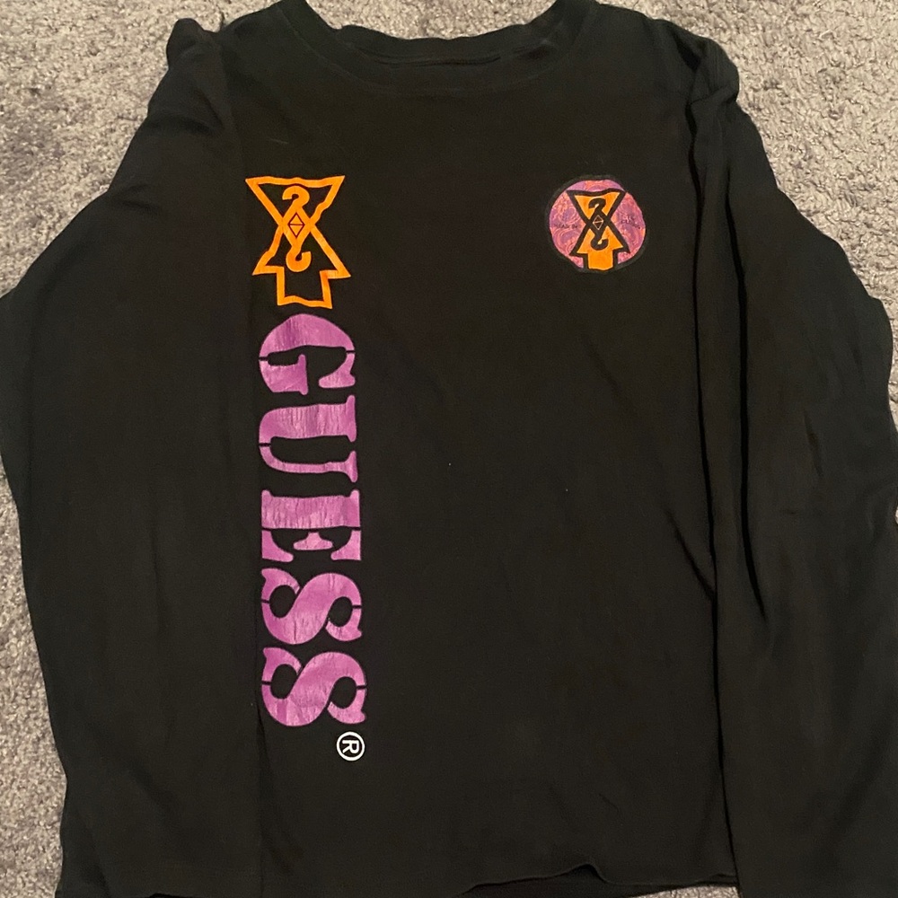 Vintage GUESS Black Long Sleeve Tee with Purple Logo and Orange Accents